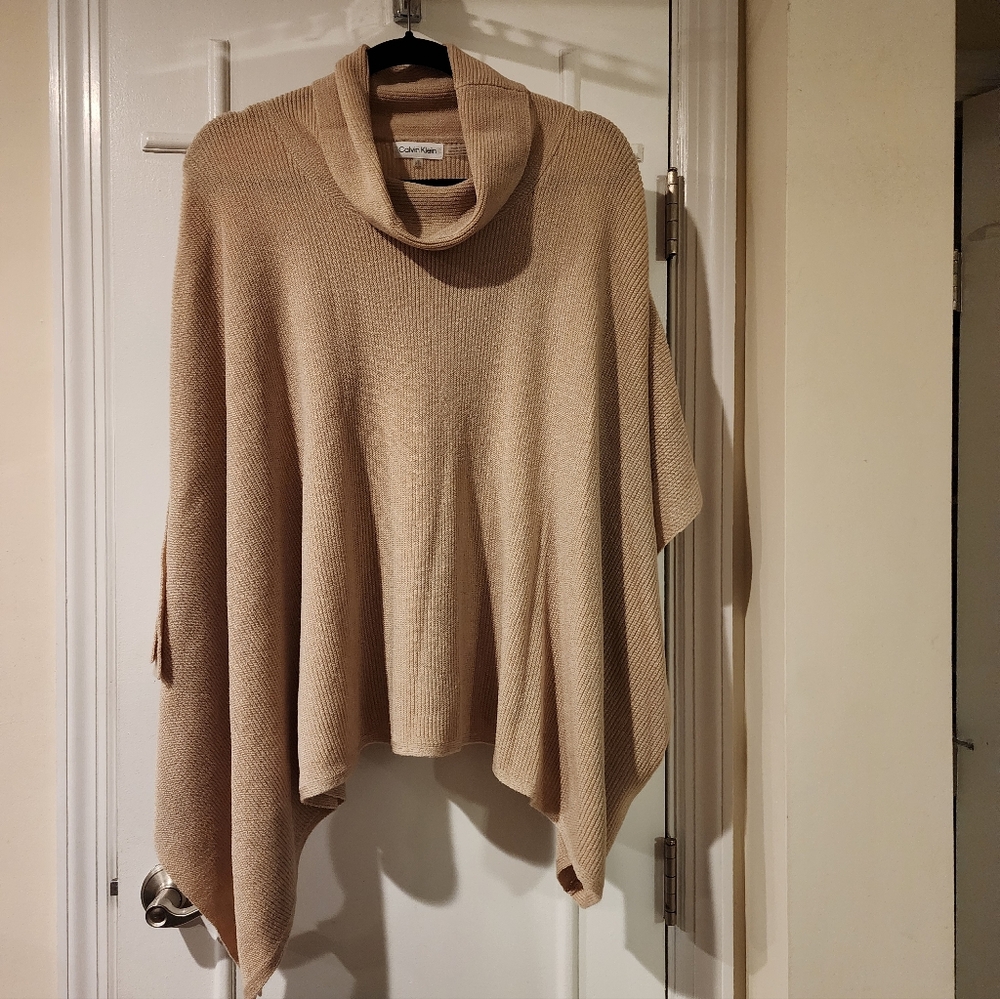Calvin Klein Cowlneck Poncho Sweater - Tan, Size L/XL